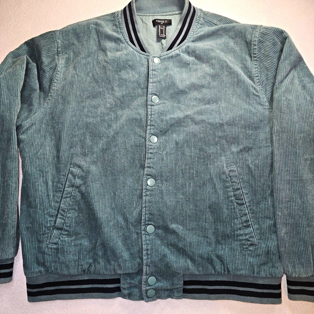 Forever 21 M Green Corduroy Varsity Bomber Jacket Ribbed Streetwear Skate Y2K...